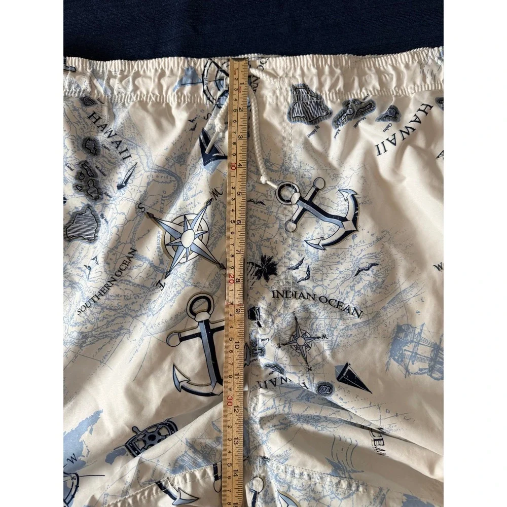 Swim Trunks XL White Blue Nautical Map Anchor Print Shorts Trader Bay Coastal